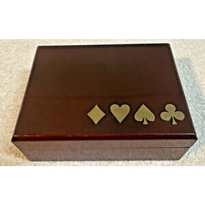 Vintage Wood Playing Card Box Brass Inlay of Card Suits Green Velvet Lined 1970s